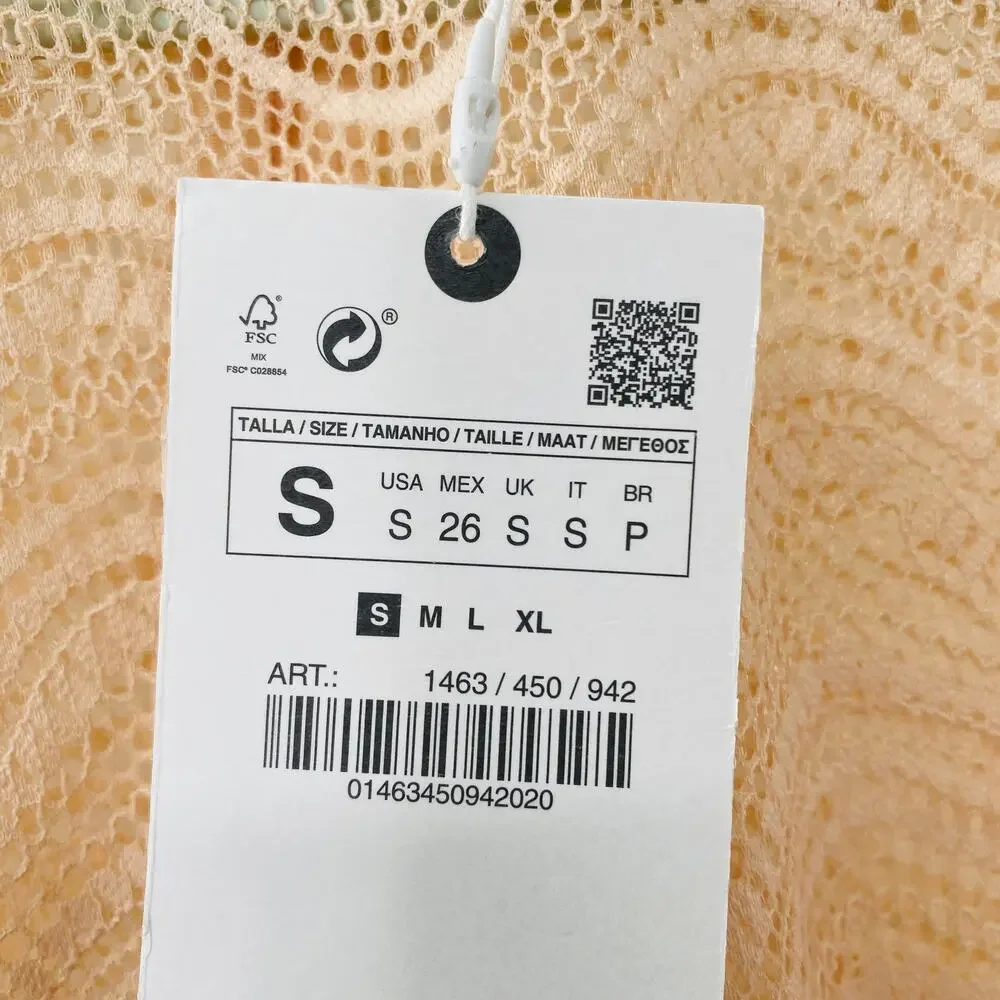 NEW Zara Beige Wavy Lace Scallop Hem Sheer Knit Long Sleeve Crop Top Small Y2K